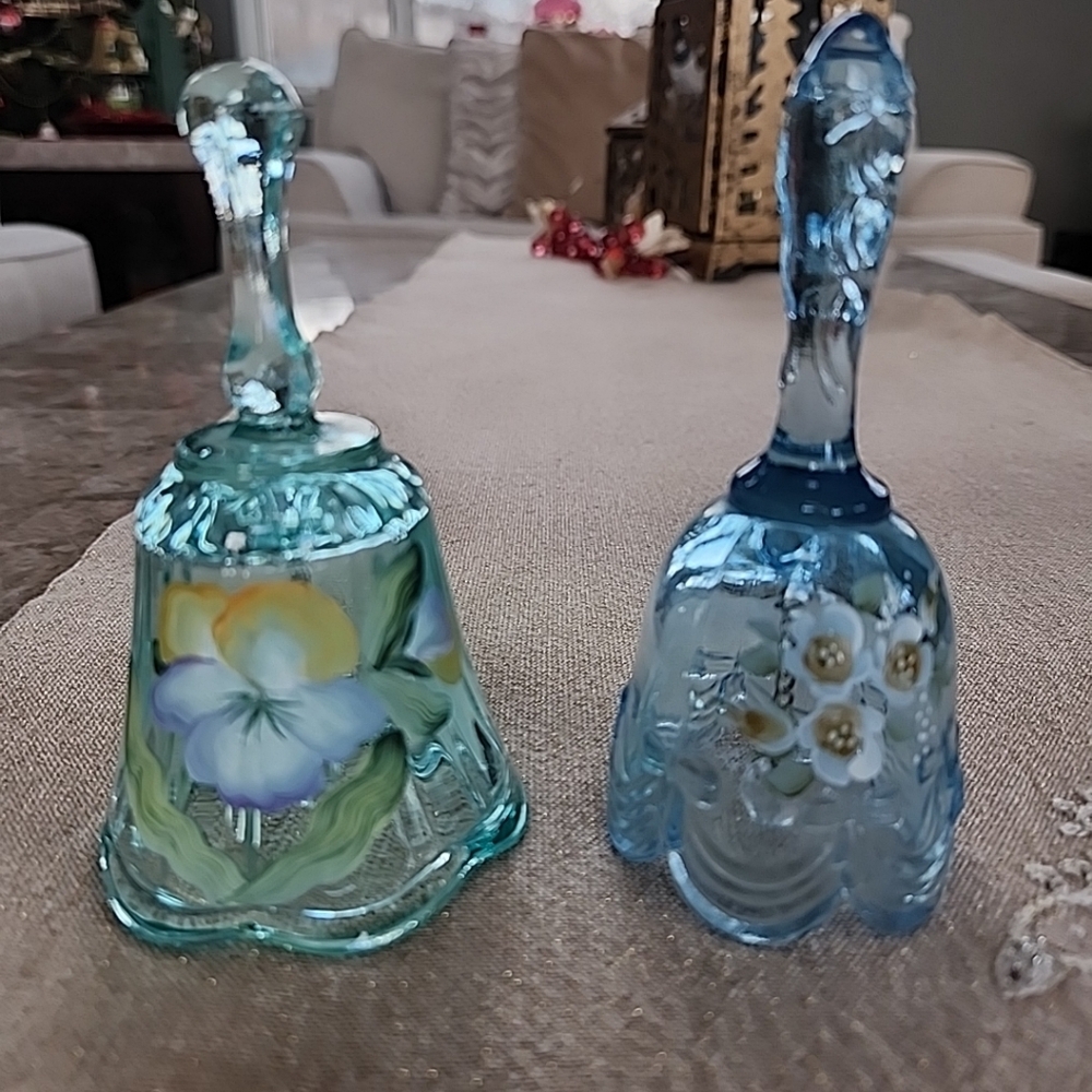 Fenton Hand Painted Glass Bells, Lot Of 2, 4 1/2" Tall
